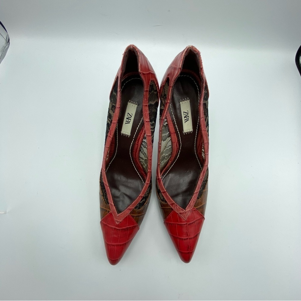 🌹NWOT. Zara Red Animal Print Lace High Heel Shoes. Size 7,5. - Picture 10 of 12